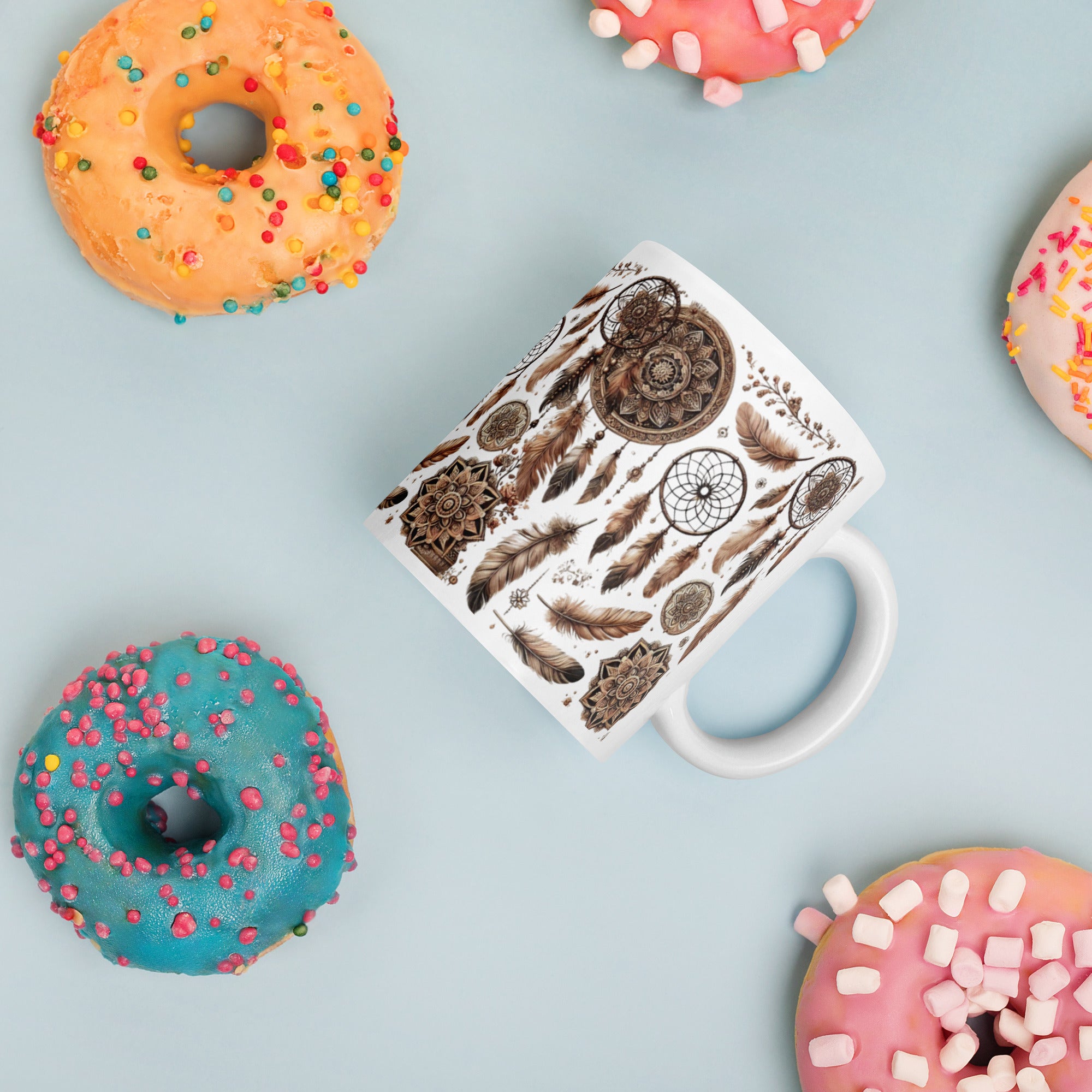 Rustic Dreamcatcher Ceramic Mug – Mandala & Feather Design