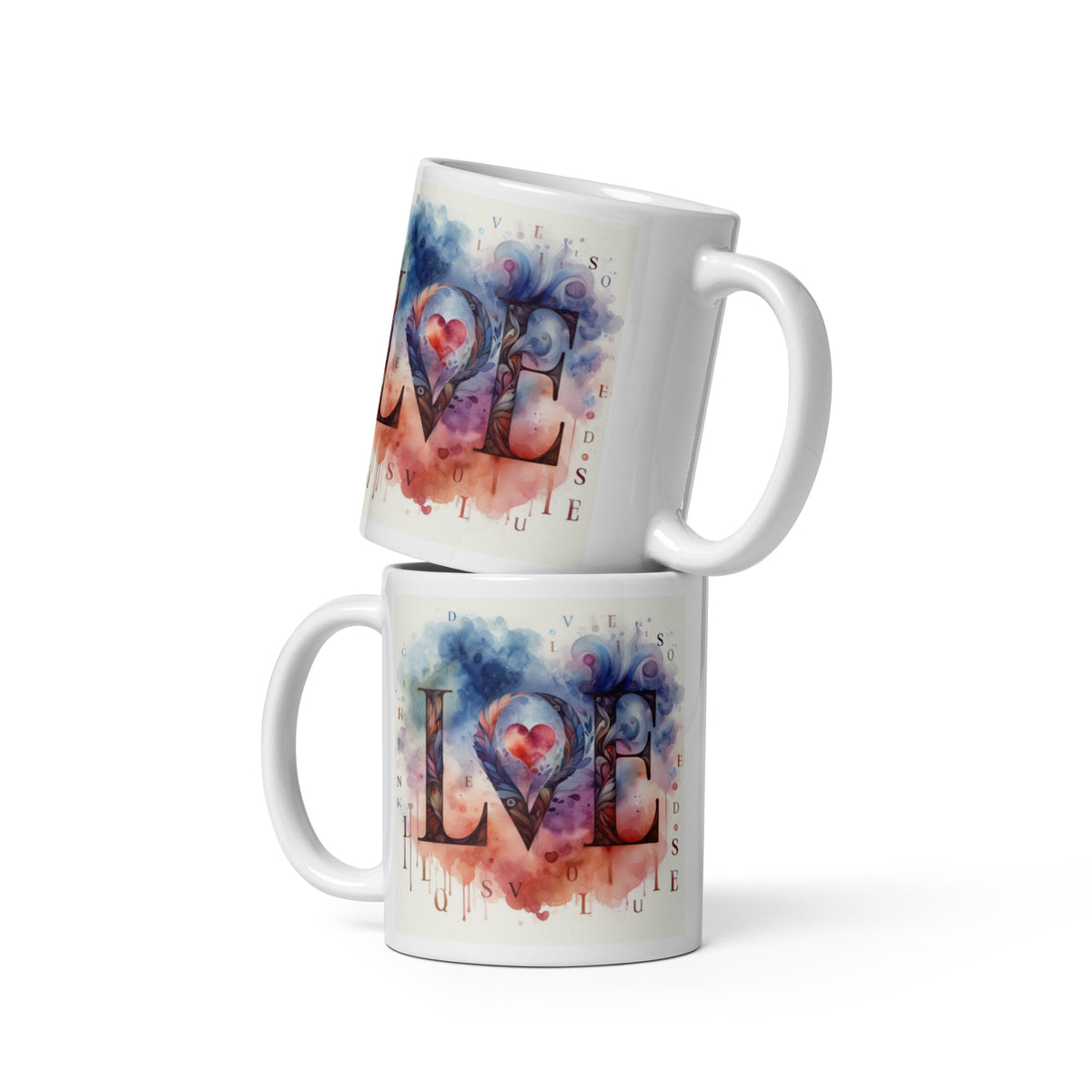 Watercolor LOVE Ceramic Mug – Heart & Feather Design
