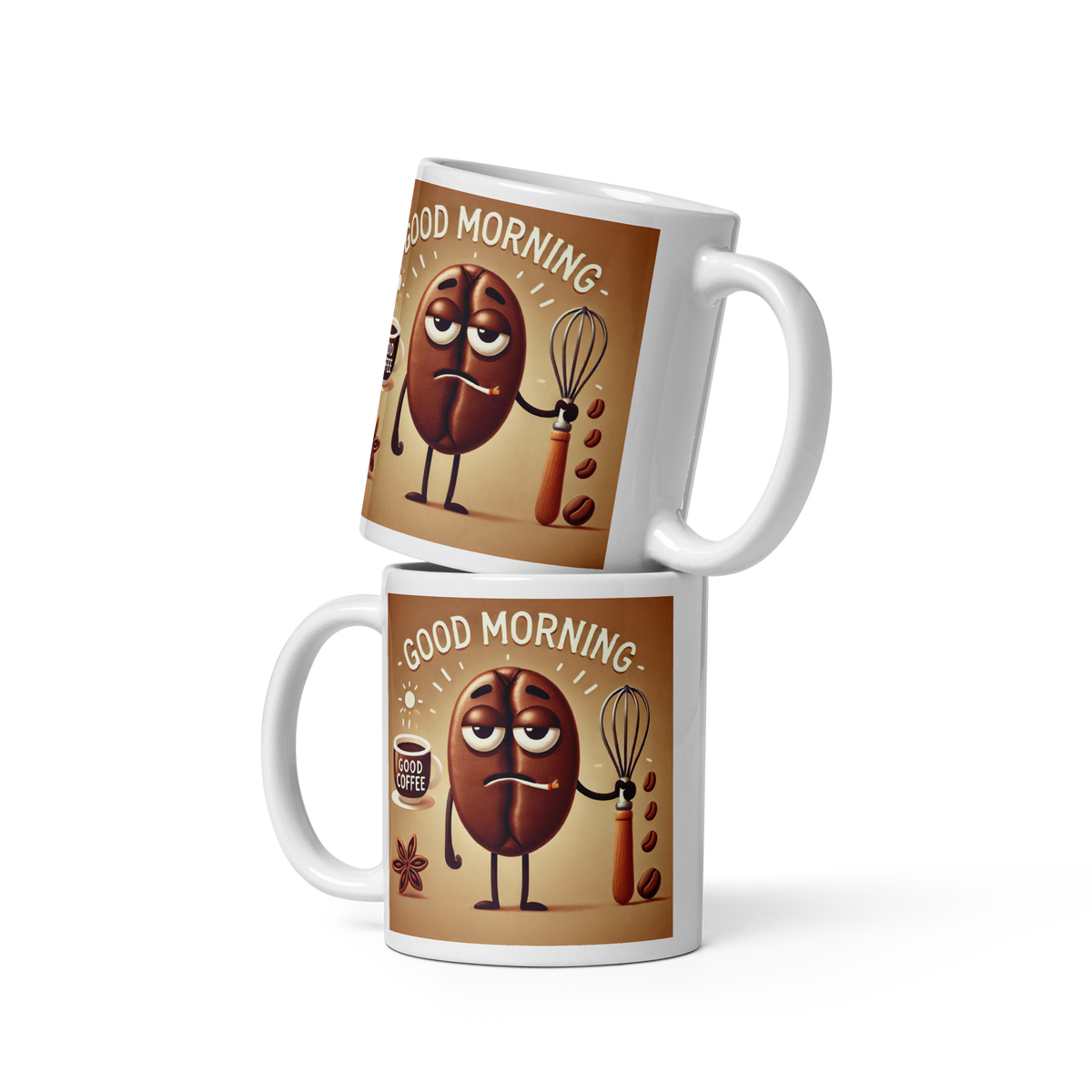 Good Morning Coffee Bean Ceramic Mug  Funny Tired Bean Design