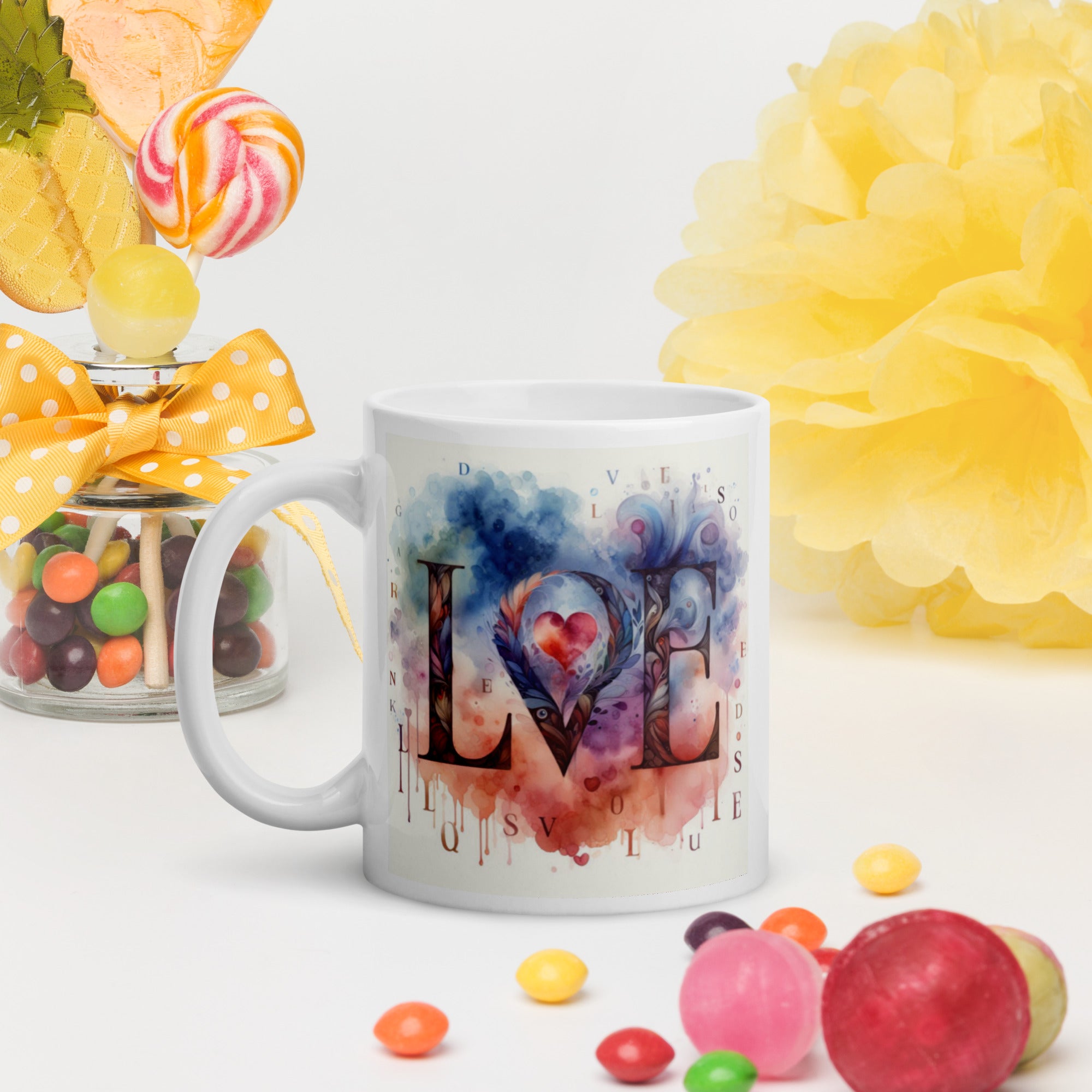 Watercolor LOVE Ceramic Mug – Heart & Feather Design