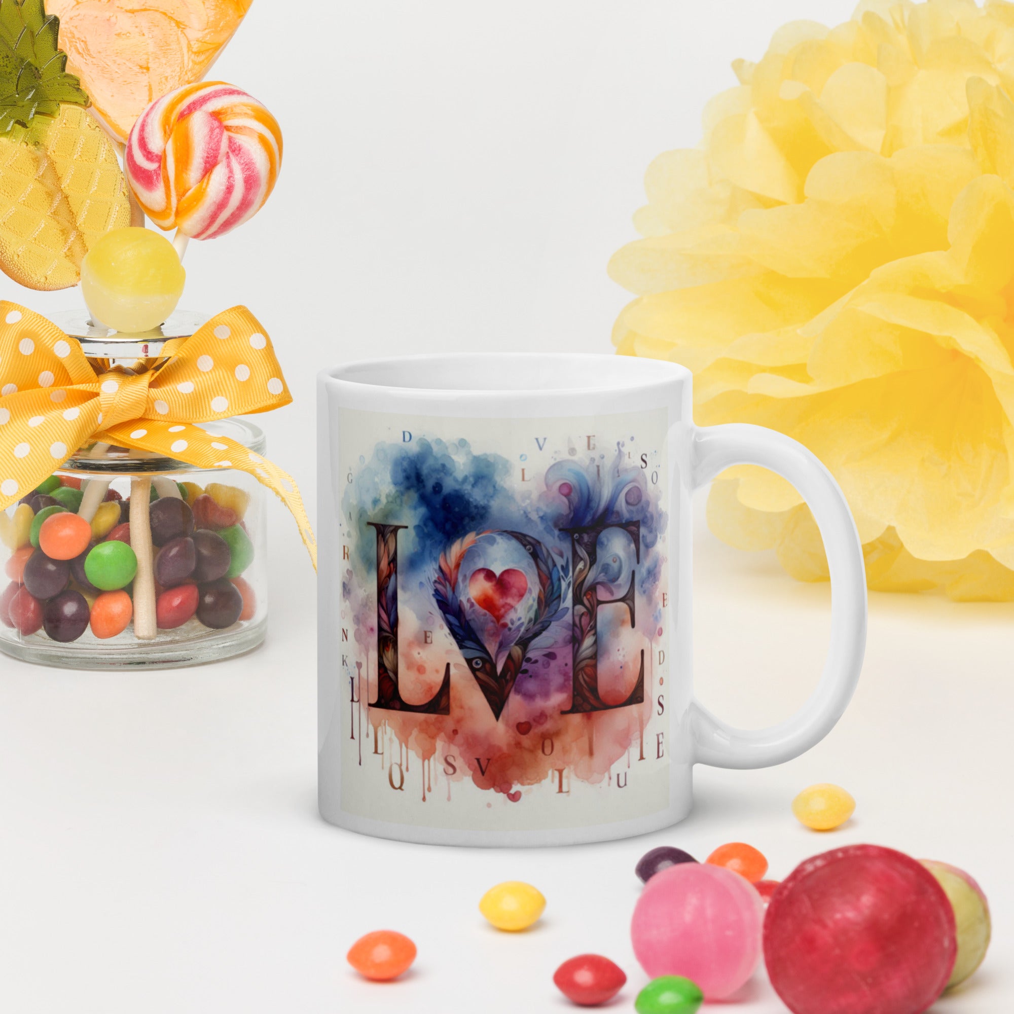 Watercolor LOVE Ceramic Mug – Heart & Feather Design