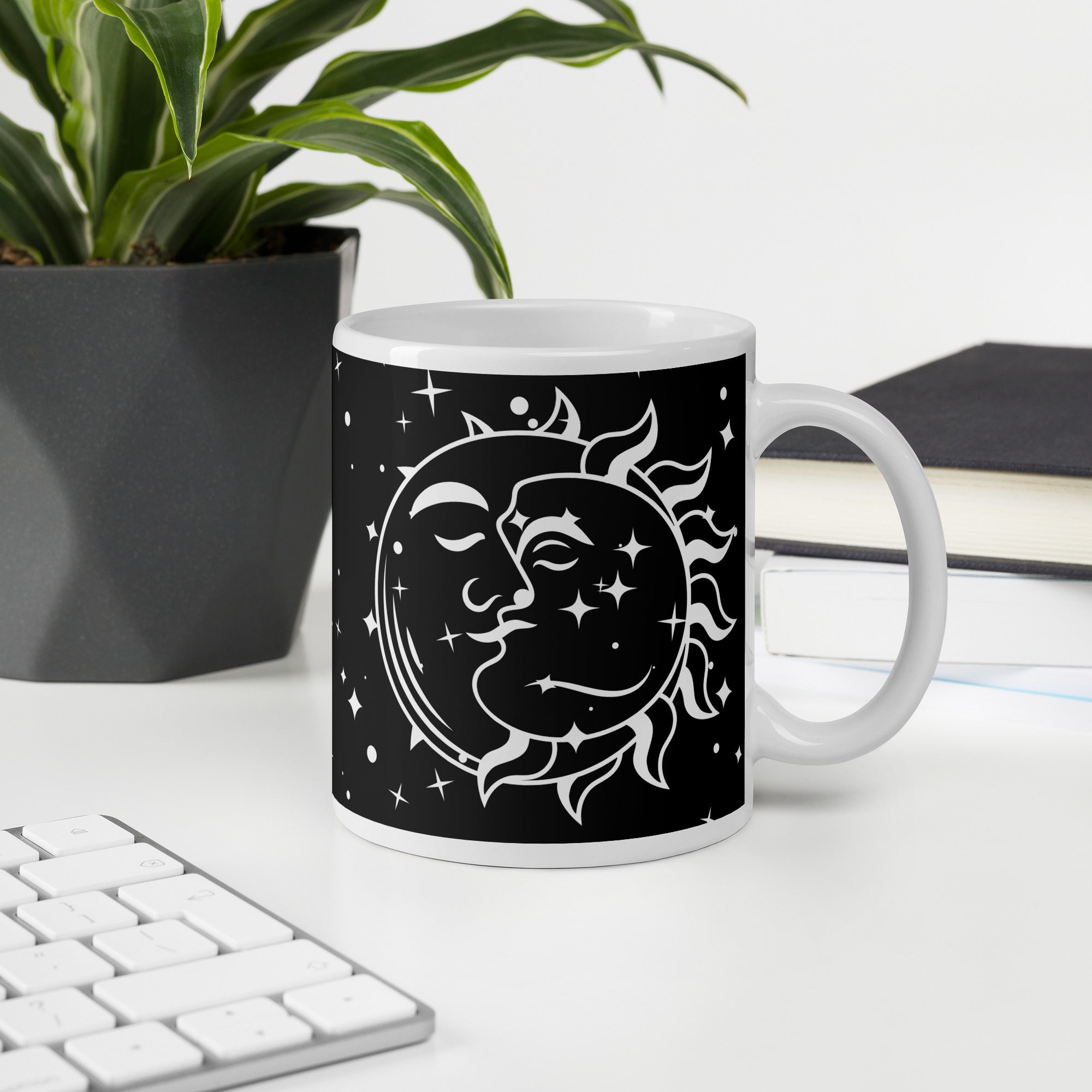 White Ceramic 11oz Mug with Black Background and Sun & Moon Kissing Design