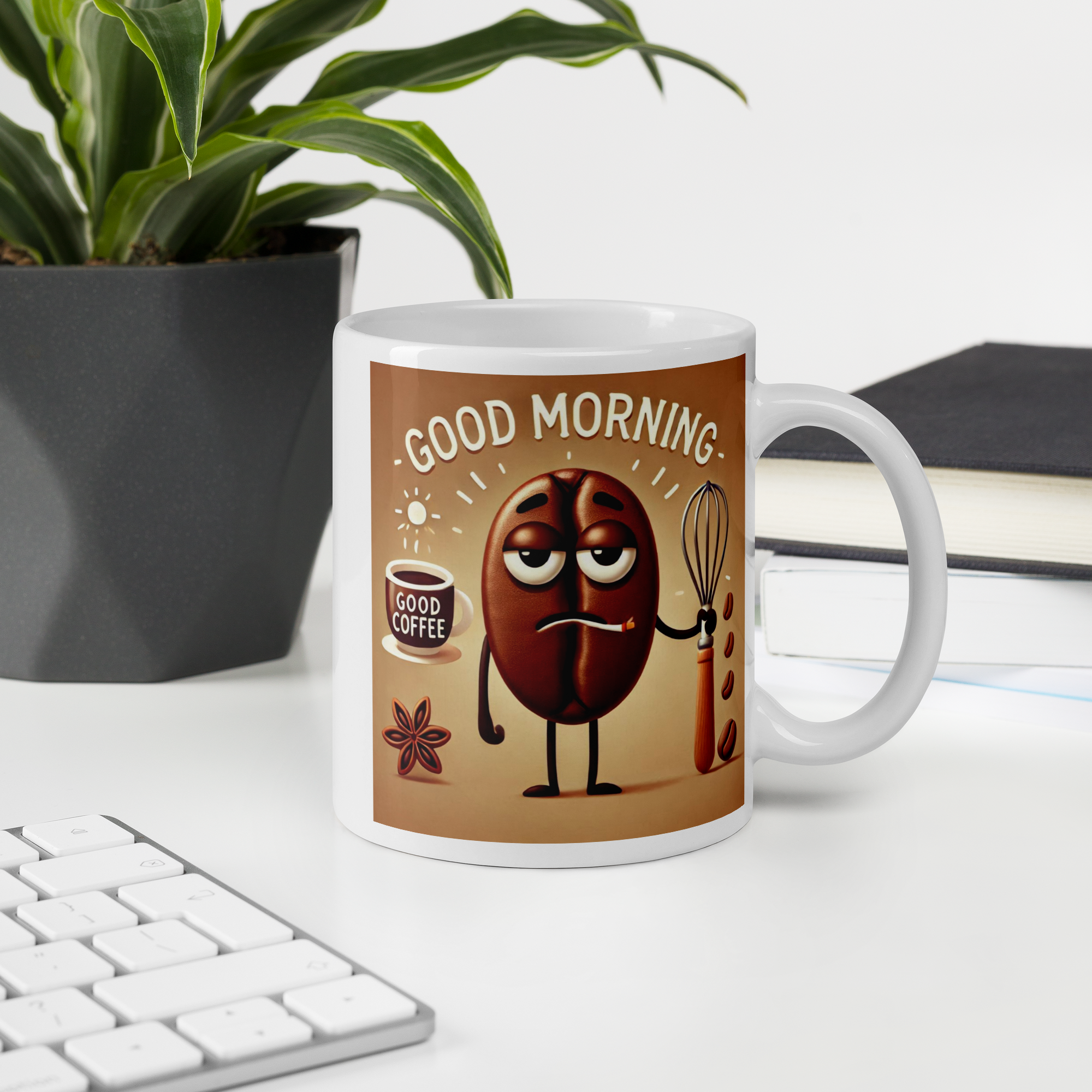 Good Morning Coffee Bean Ceramic Mug  Funny Tired Bean Design