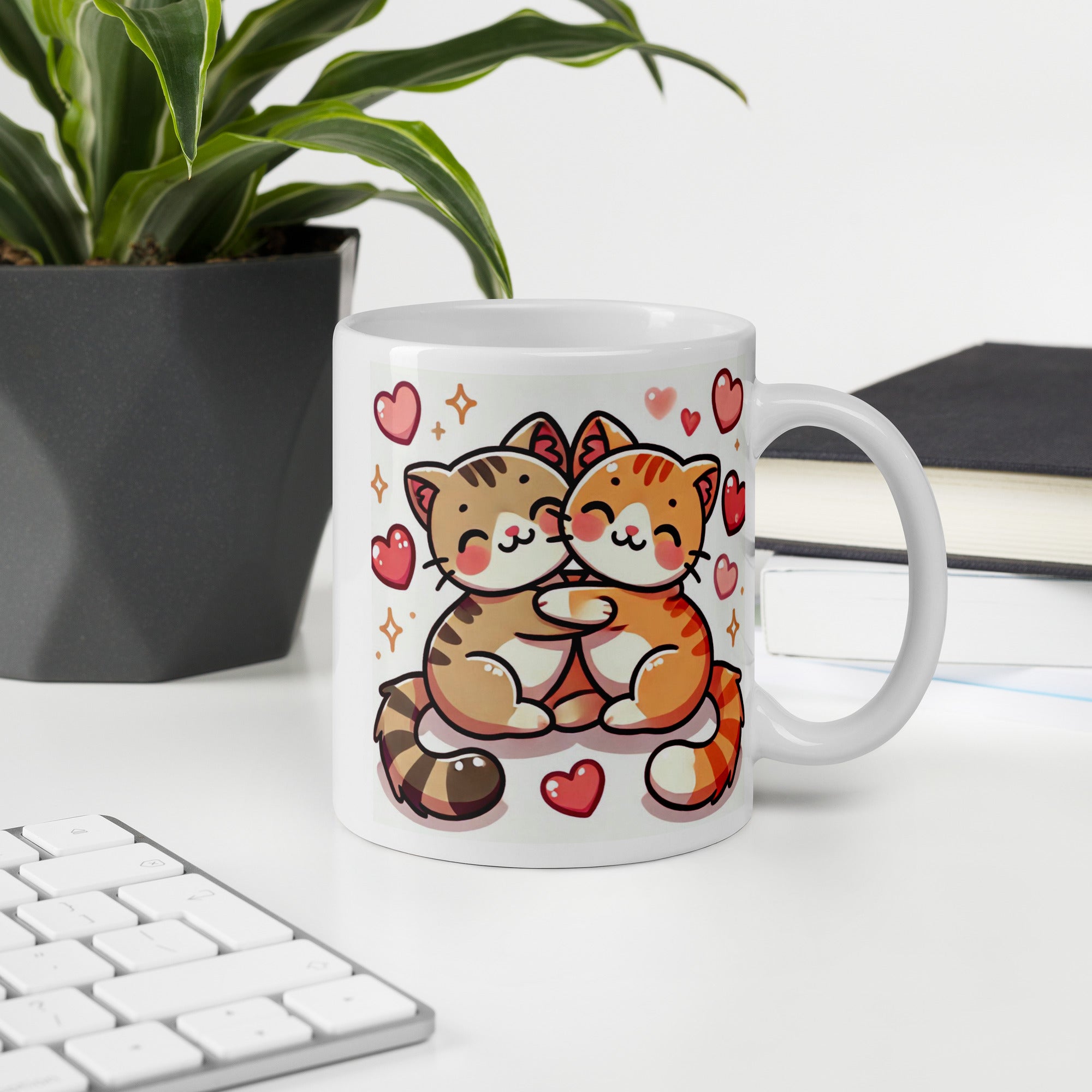 Hugging Cats Ceramic Mug – Cute Cartoon Kitty Design with Hearts