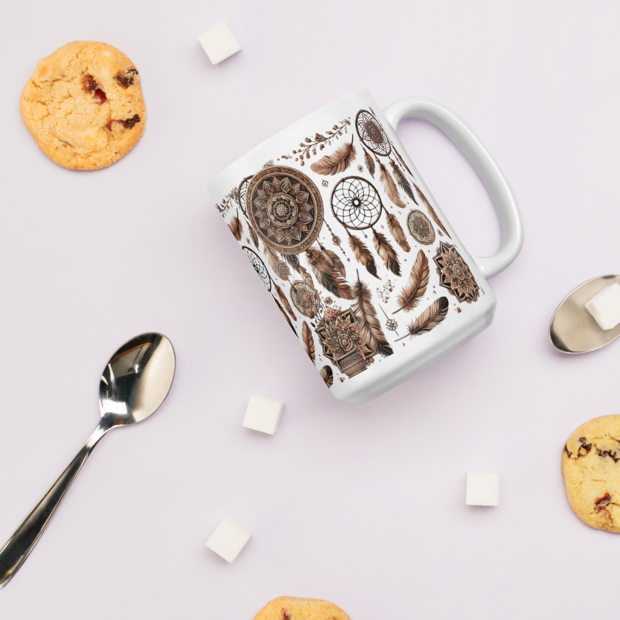Rustic Dreamcatcher Ceramic Mug – Mandala & Feather Design
