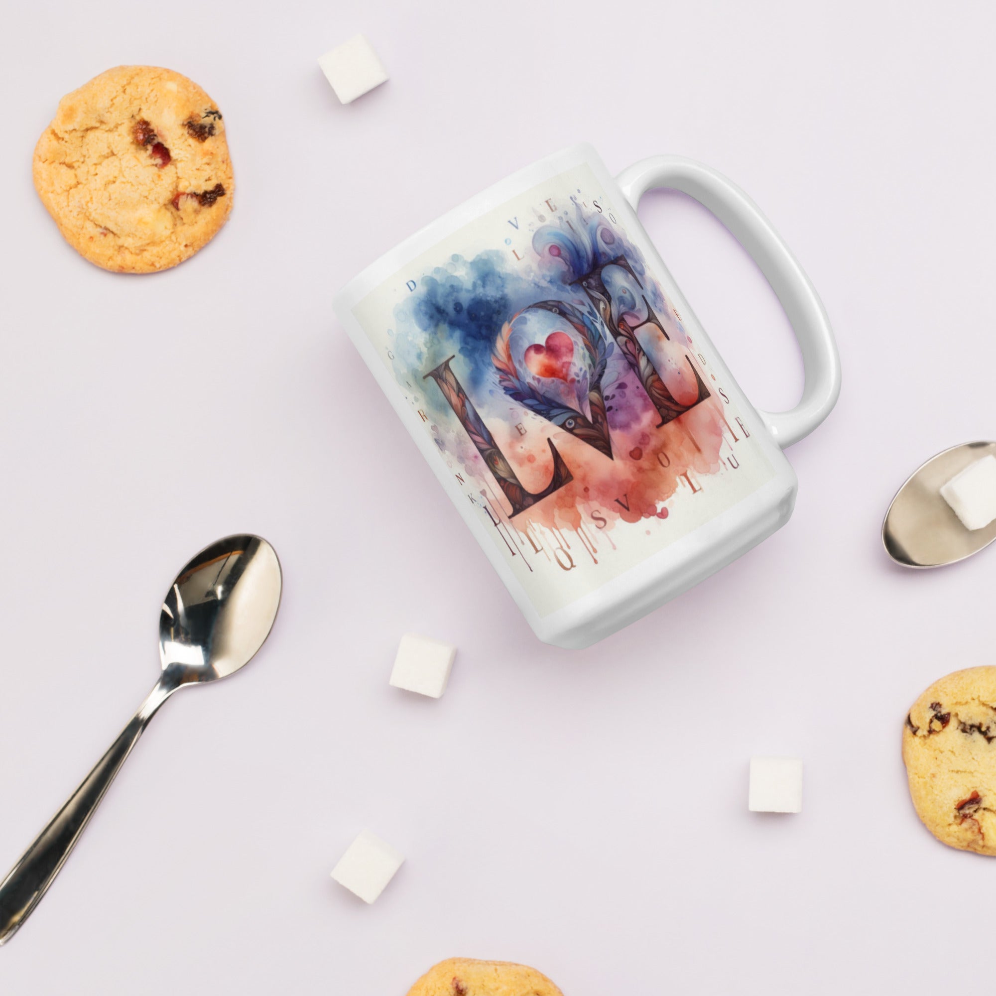Watercolor LOVE Ceramic Mug – Heart & Feather Design