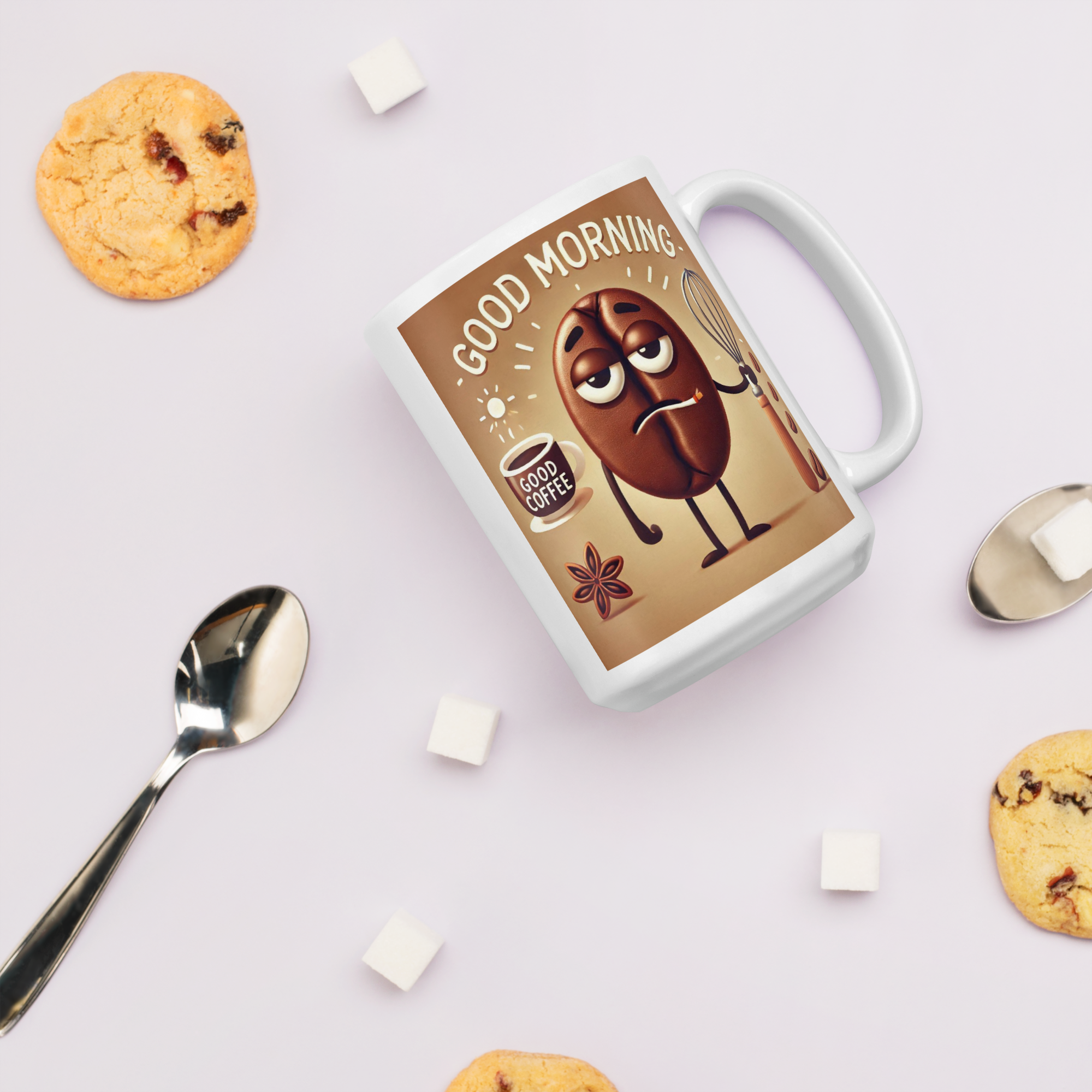 Good Morning Coffee Bean Ceramic Mug  Funny Tired Bean Design