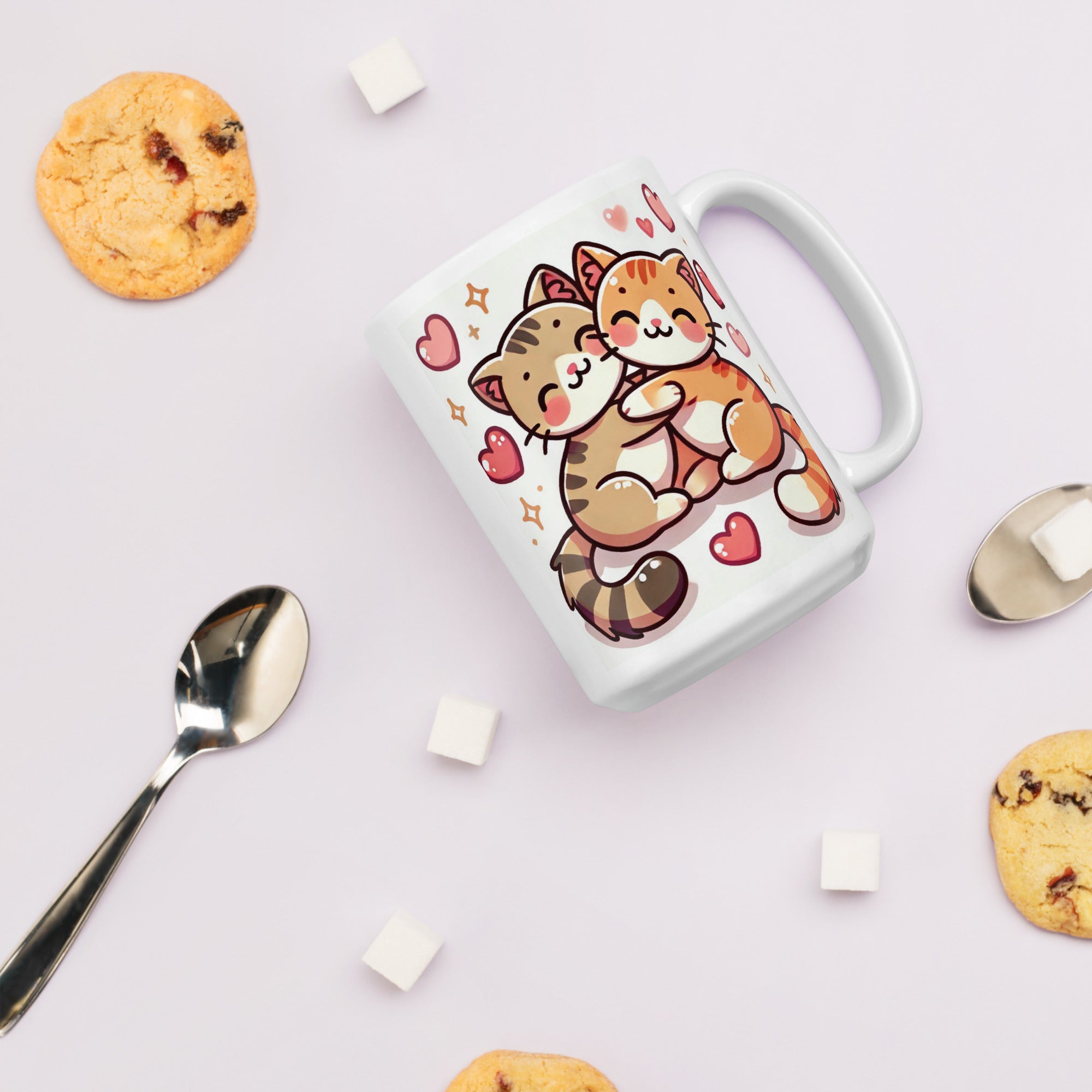 Hugging Cats Ceramic Mug – Cute Cartoon Kitty Design with Hearts