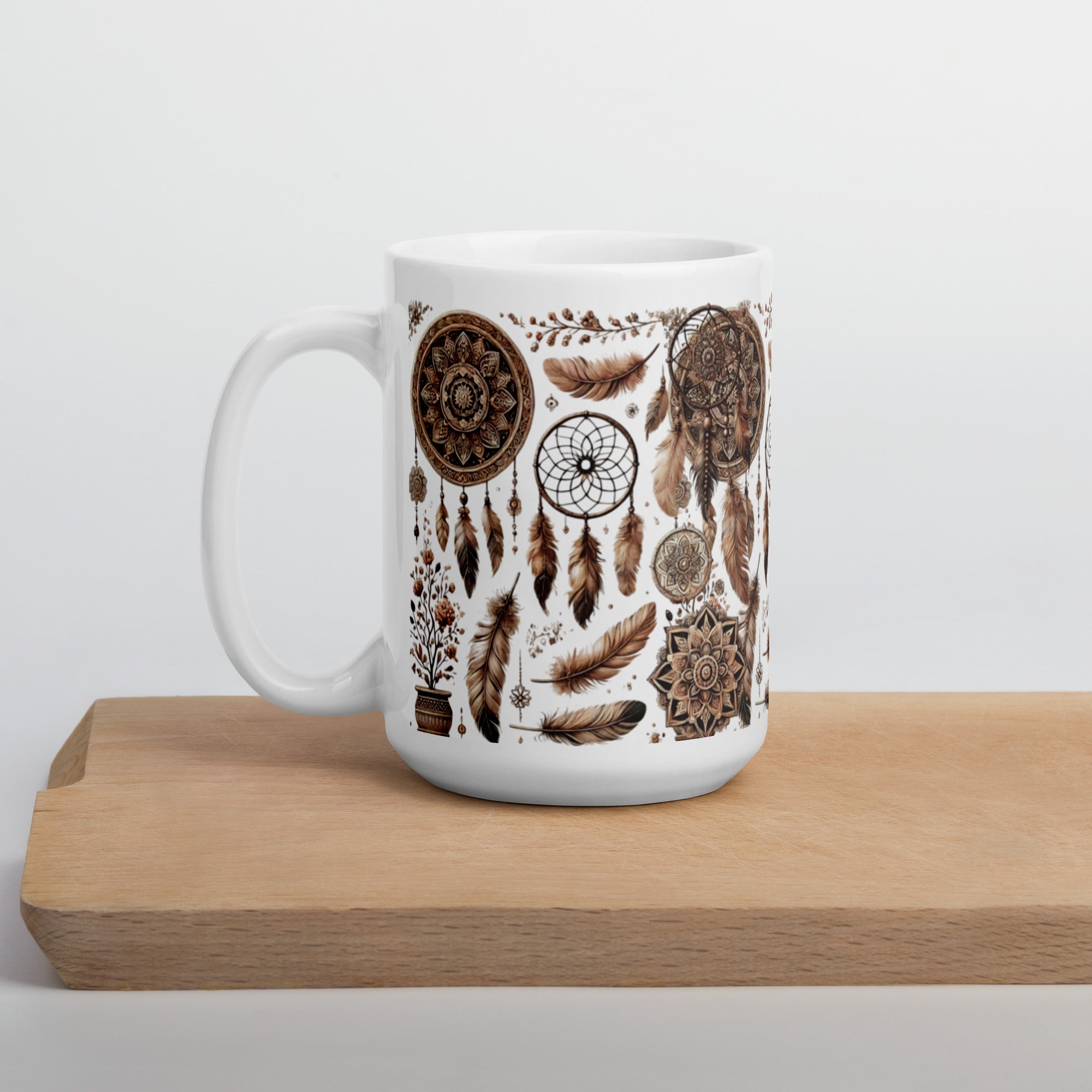 Rustic Dreamcatcher Ceramic Mug – Mandala & Feather Design