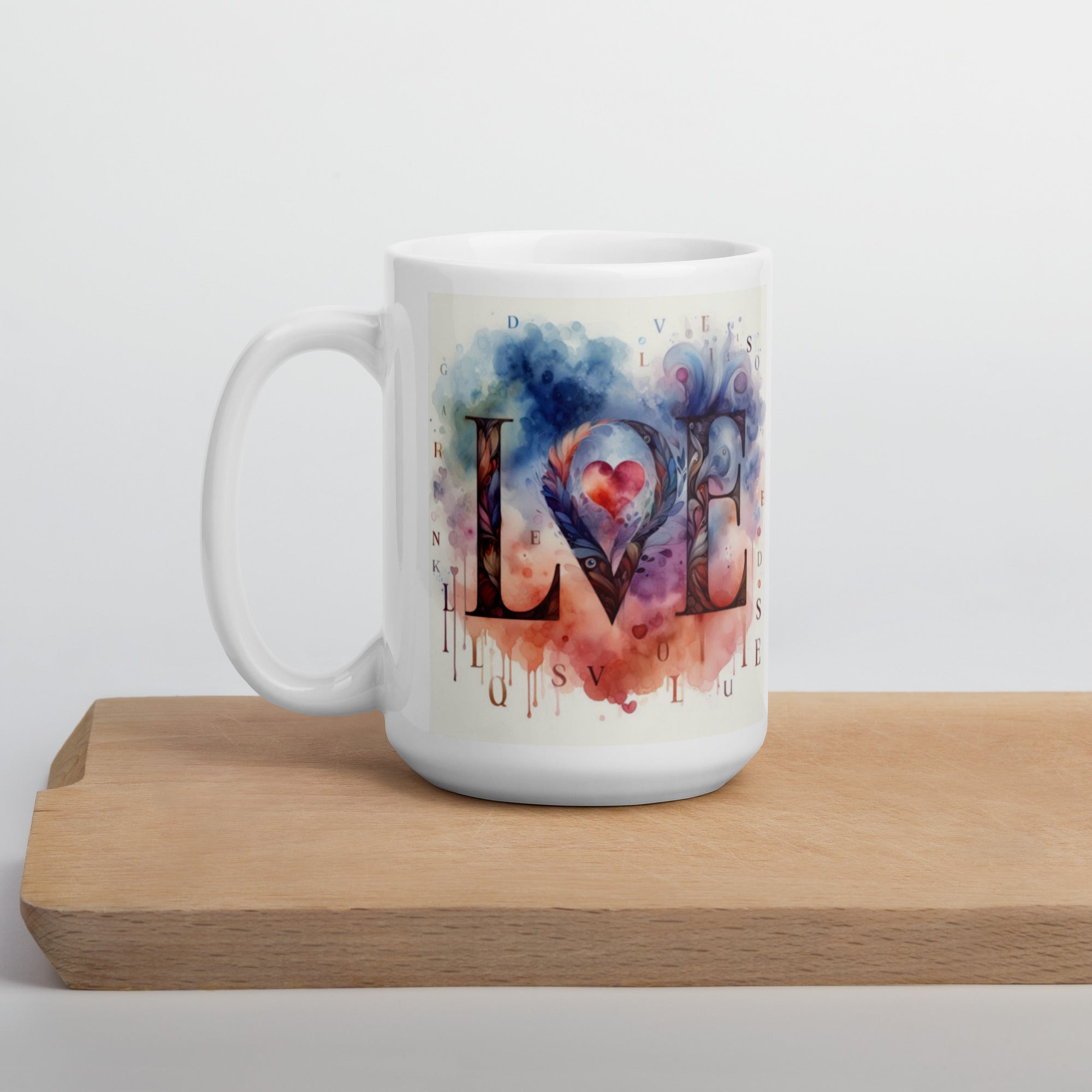 Watercolor LOVE Ceramic Mug – Heart & Feather Design