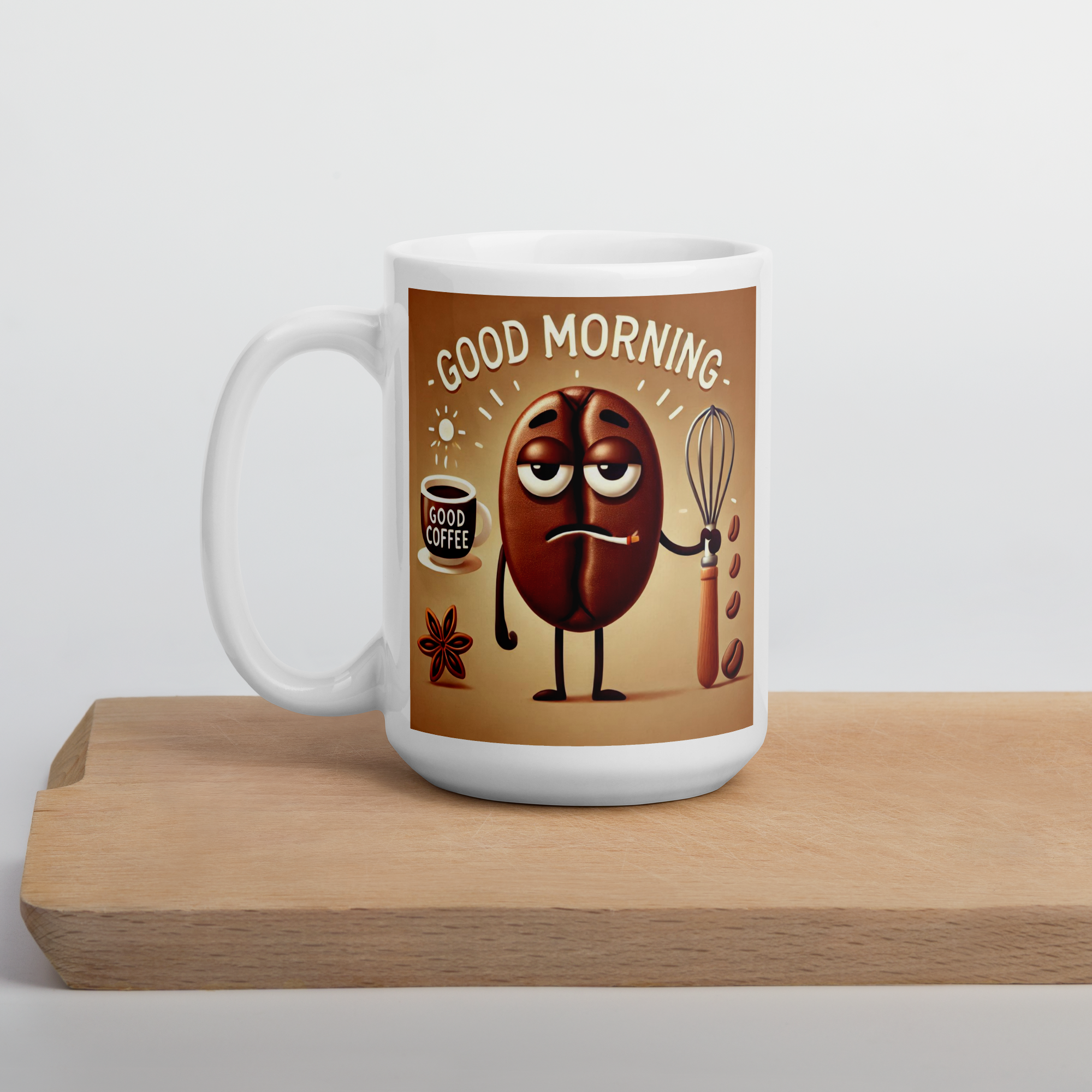 Good Morning Coffee Bean Ceramic Mug  Funny Tired Bean Design