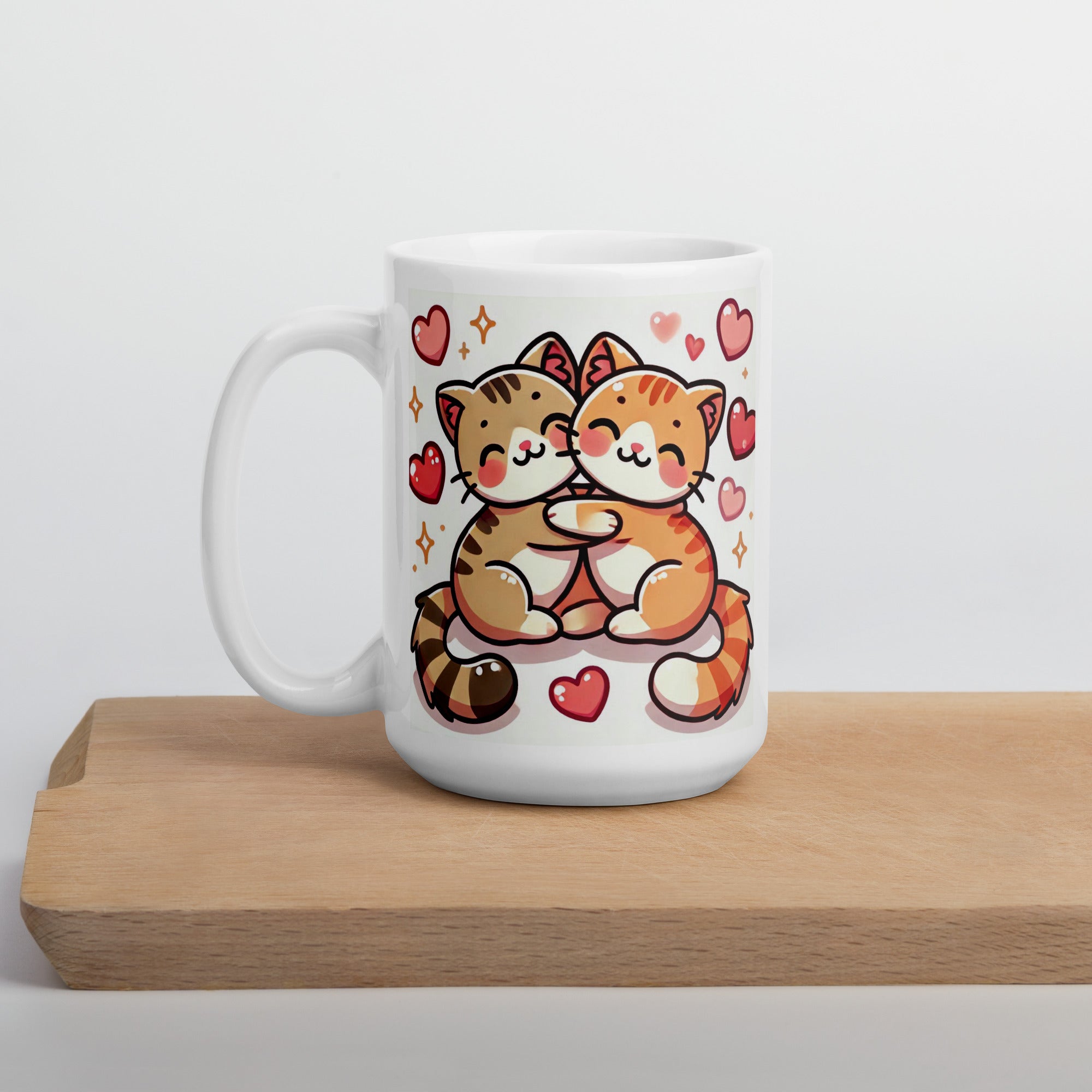 Hugging Cats Ceramic Mug – Cute Cartoon Kitty Design with Hearts