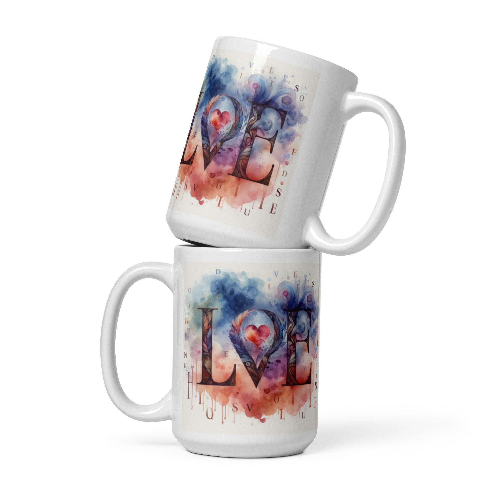 Watercolor LOVE Ceramic Mug – Heart & Feather Design