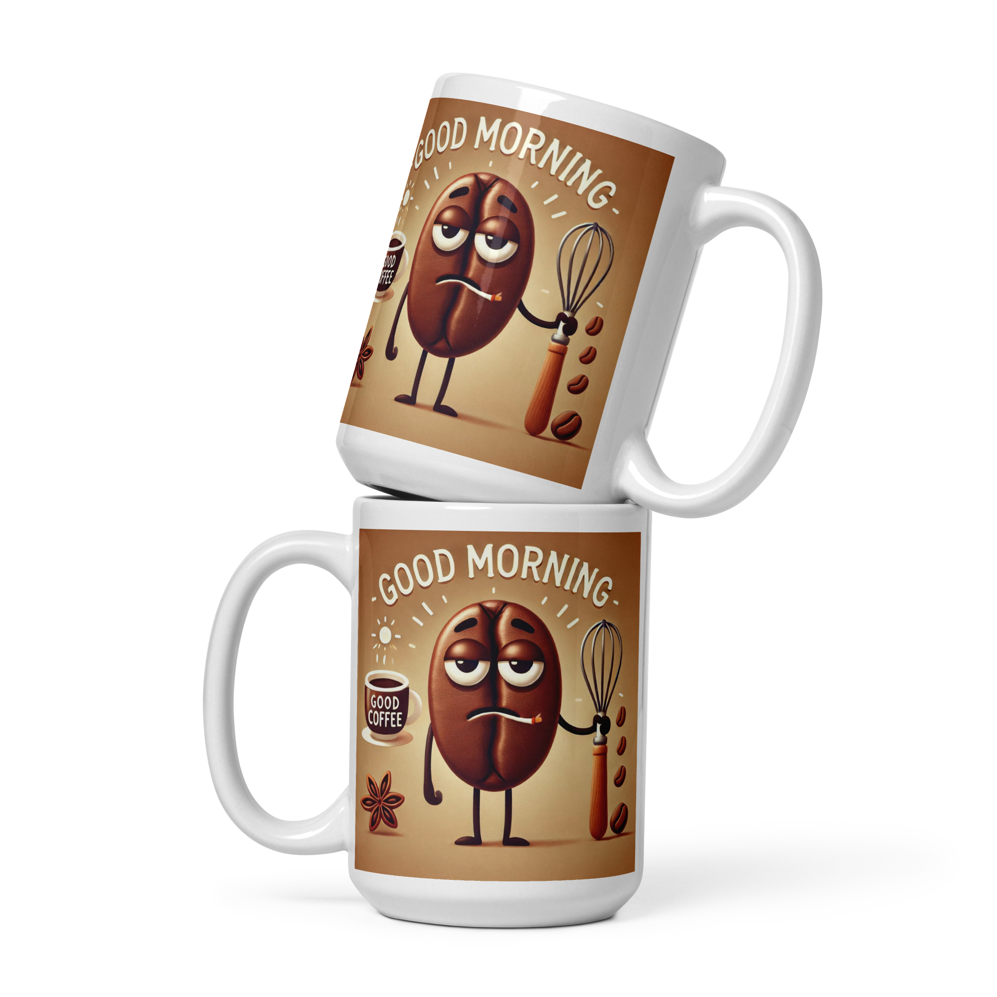 Good Morning Coffee Bean Ceramic Mug  Funny Tired Bean Design