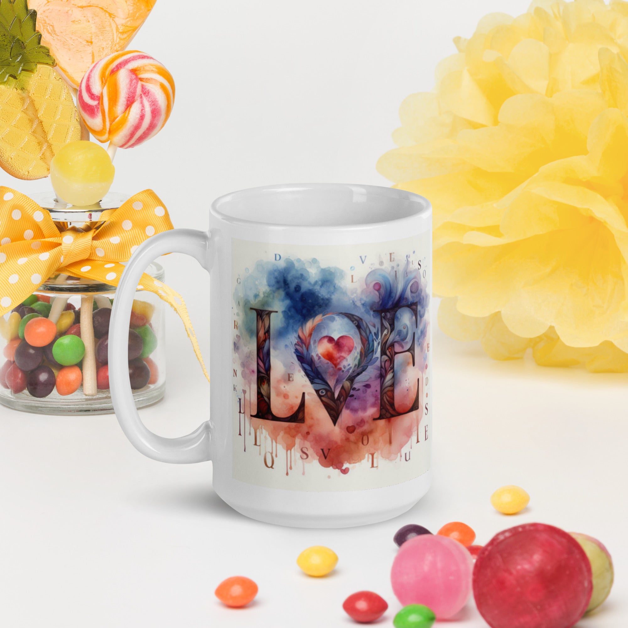 Watercolor LOVE Ceramic Mug – Heart & Feather Design