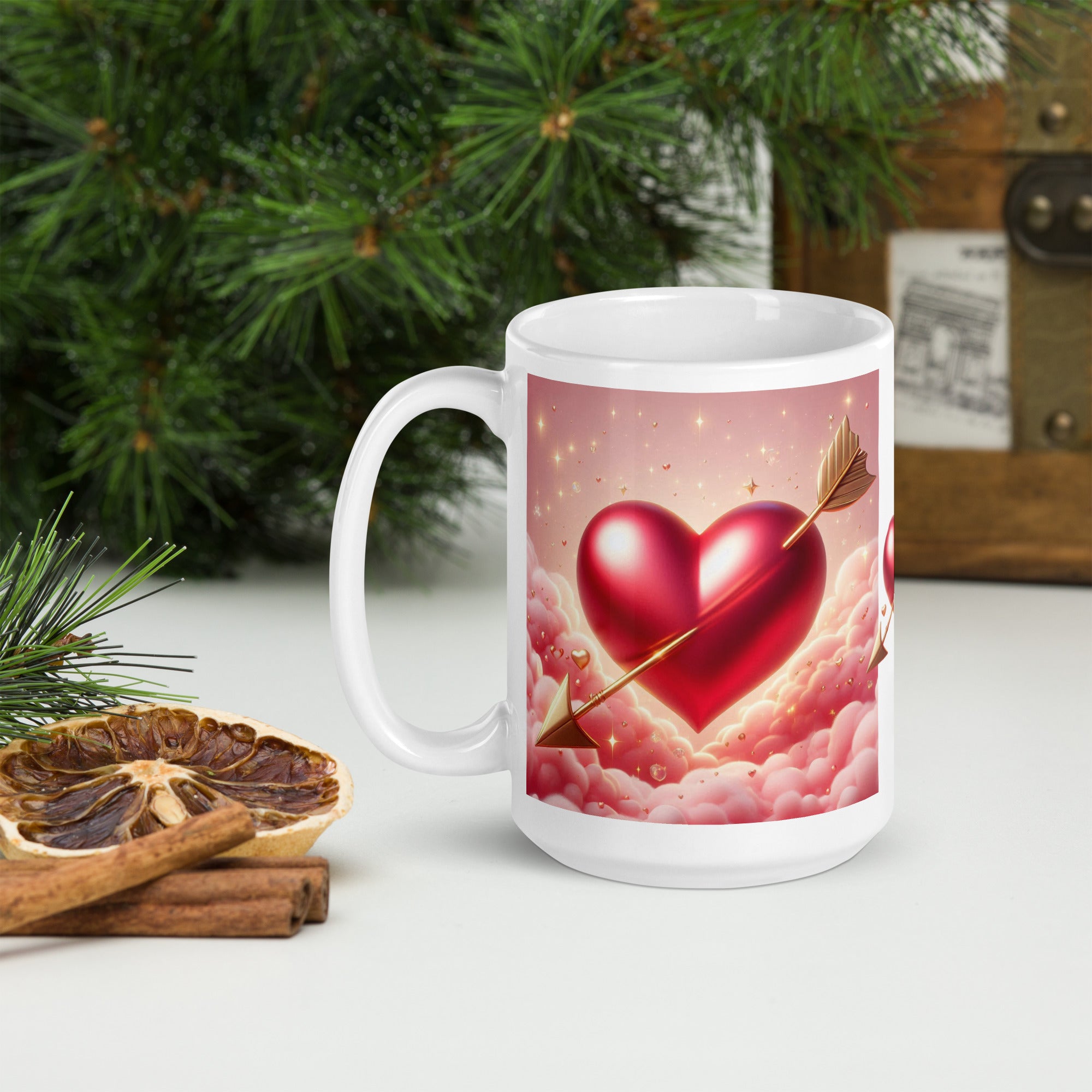 Cupid’s Heart Ceramic Mug – Romantic Arrow & Cloud Design