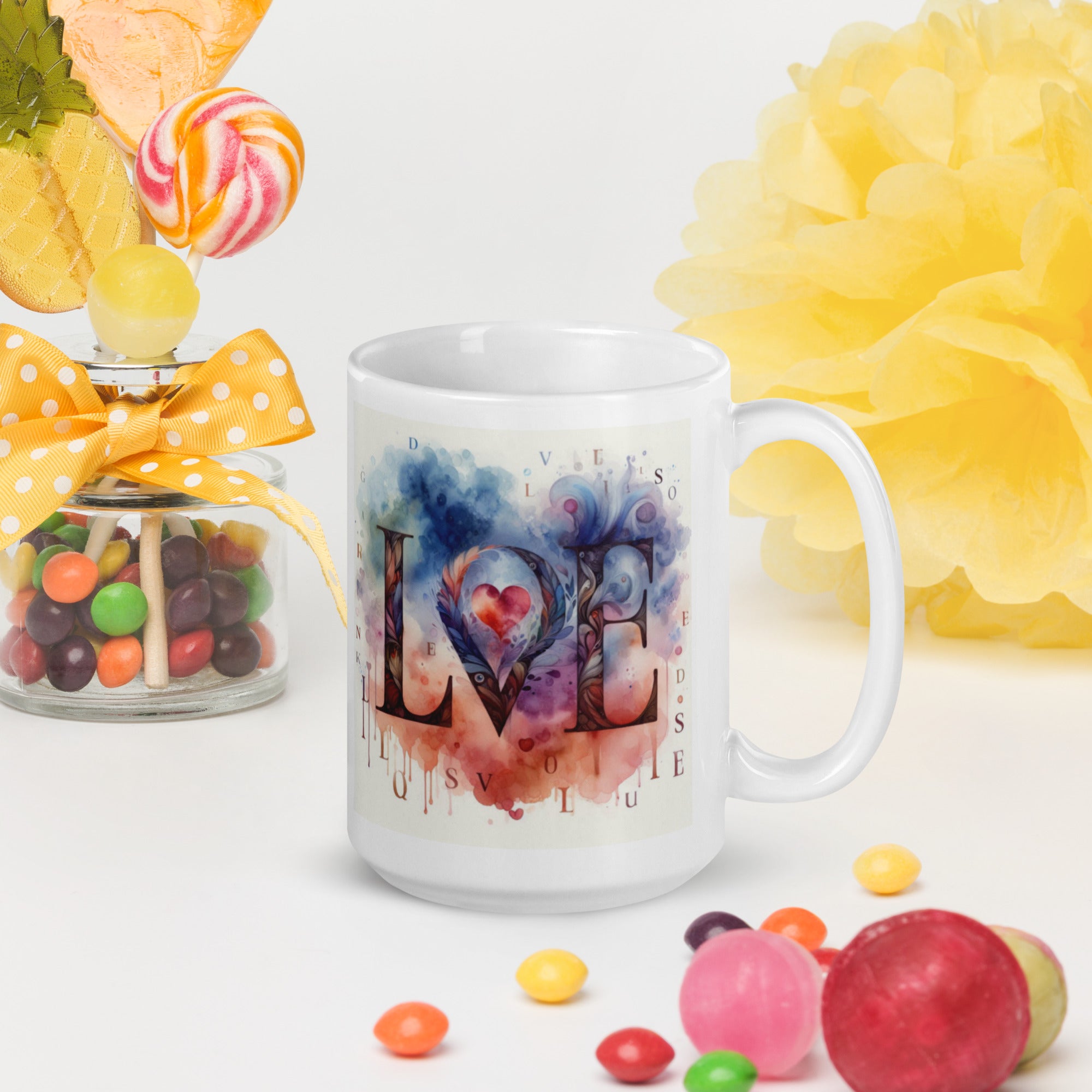 Watercolor LOVE Ceramic Mug – Heart & Feather Design