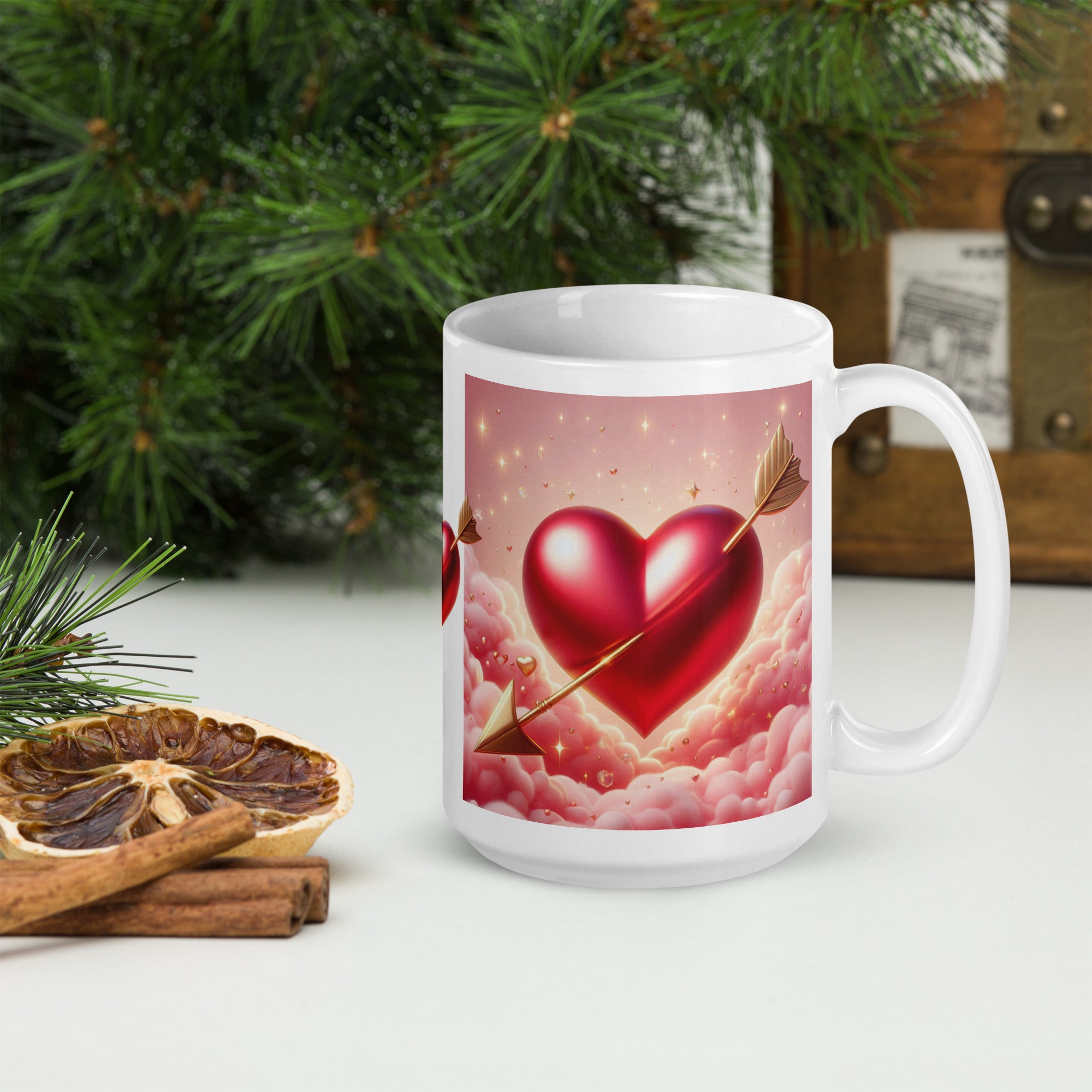 Cupid’s Heart Ceramic Mug – Romantic Arrow & Cloud Design