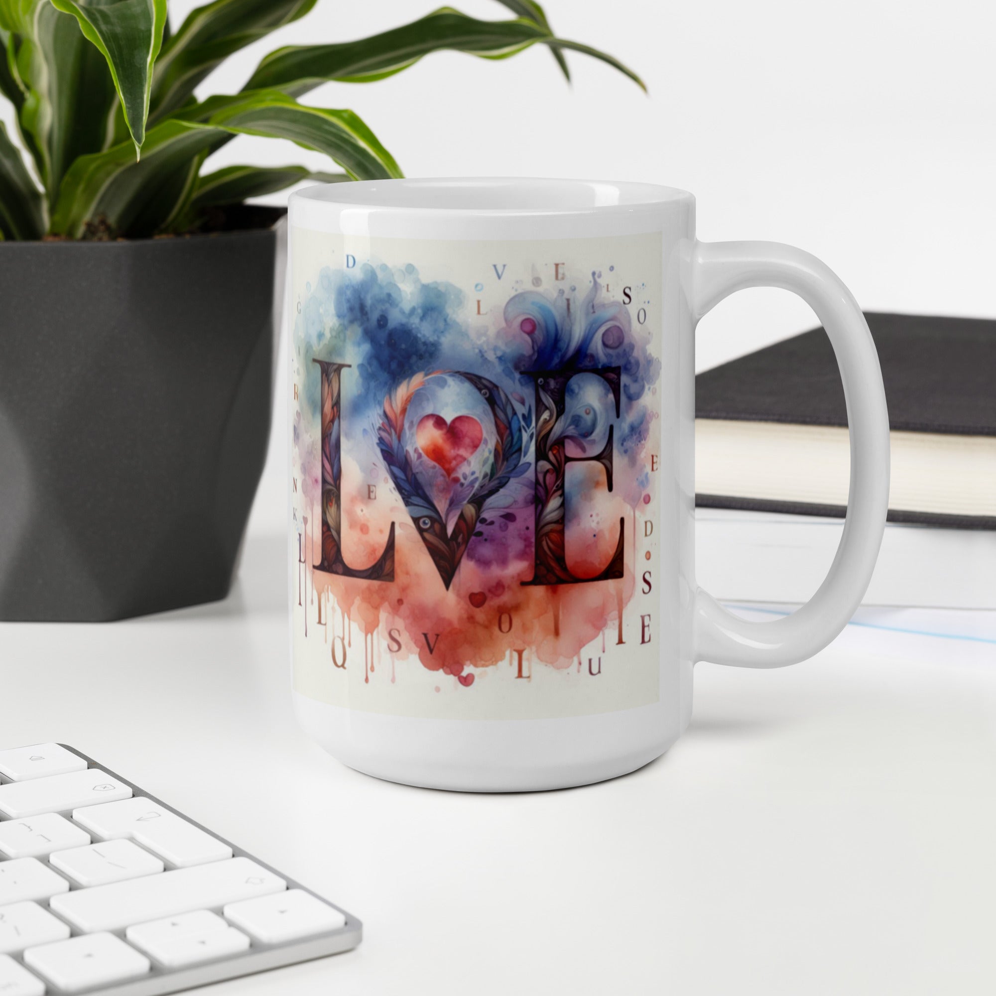 Watercolor LOVE Ceramic Mug – Heart & Feather Design