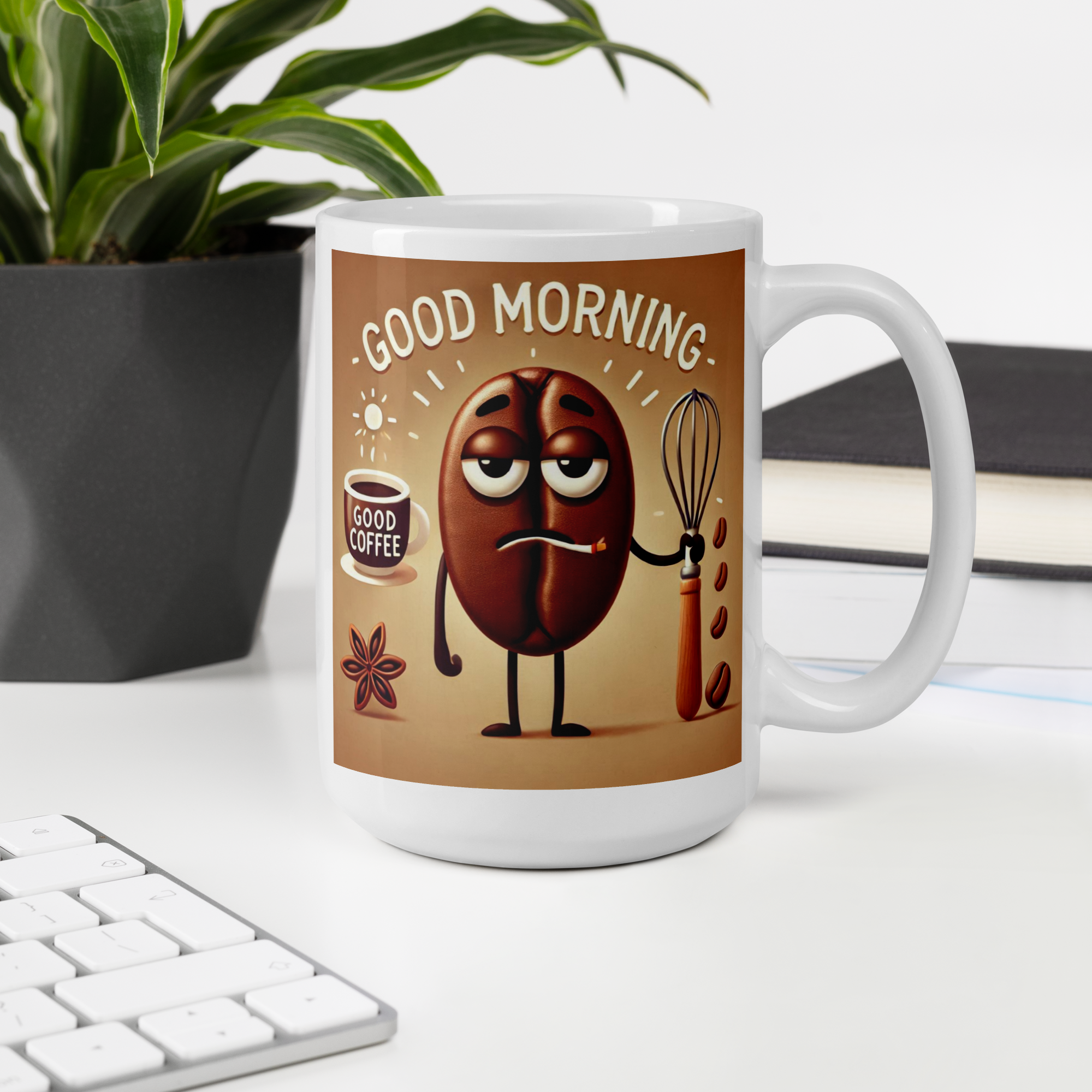 Good Morning Coffee Bean Ceramic Mug  Funny Tired Bean Design