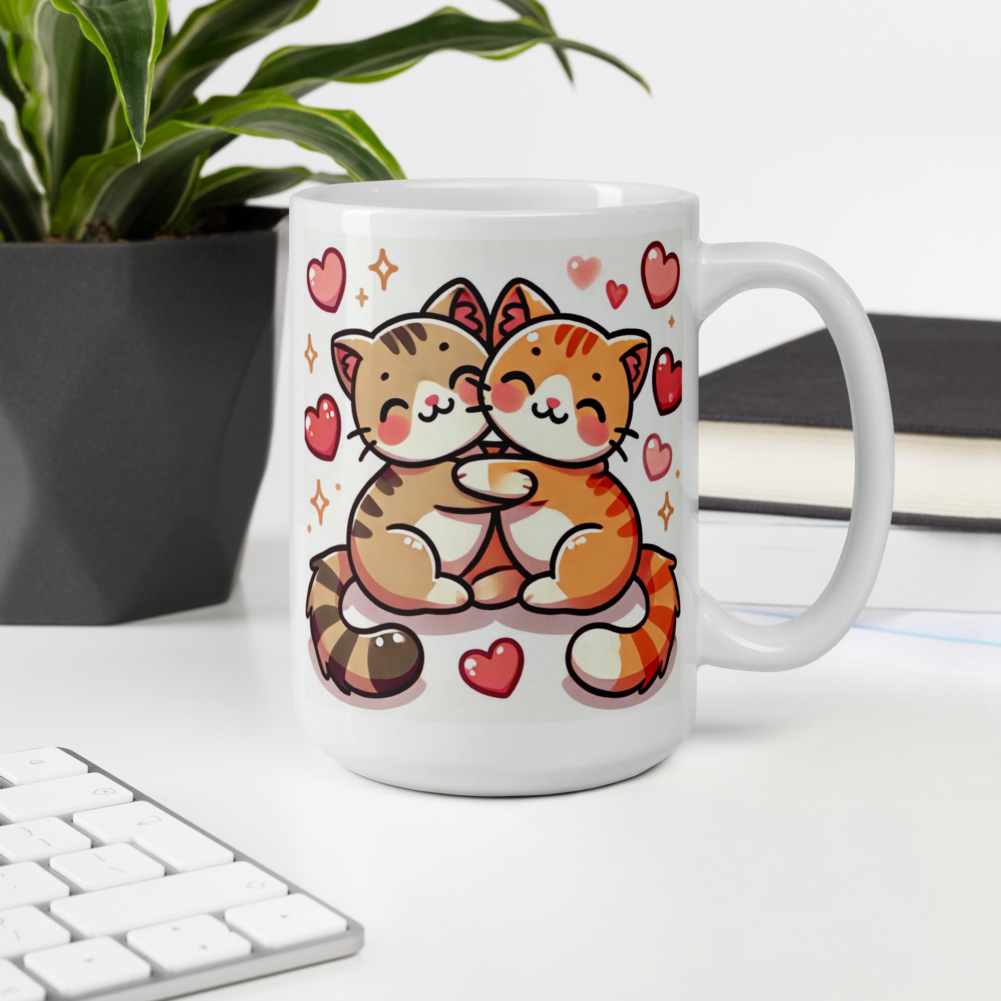 Hugging Cats Ceramic Mug – Cute Cartoon Kitty Design with Hearts