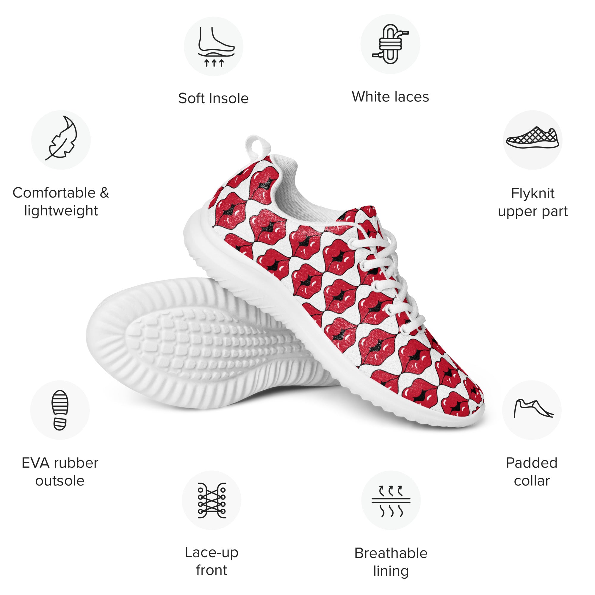 Women’s Lightweight Athletic Shoes - Sporty Style with Playful Lips Kiss Design