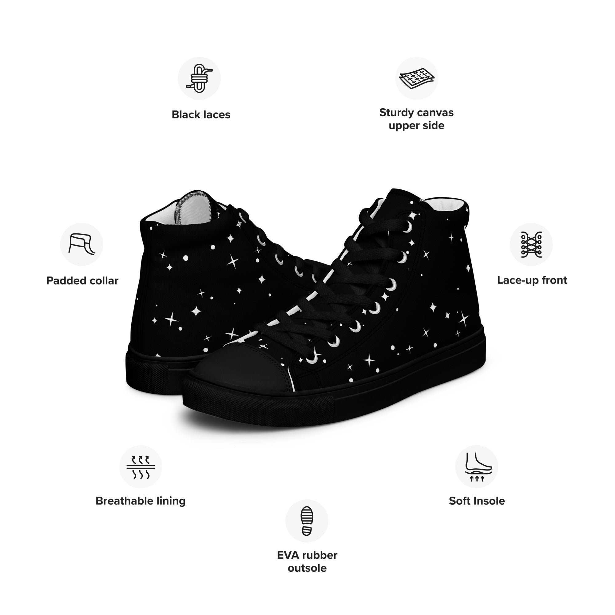 Starry Night Women's High-Tops: Black Canvas Shoes with Star Accents